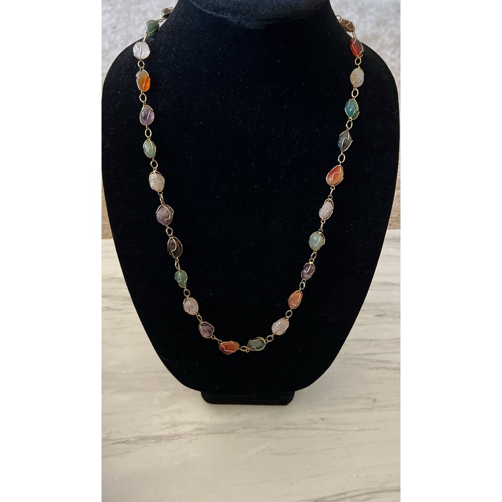 Gold Tone Wire  Wrapped Stone Necklace